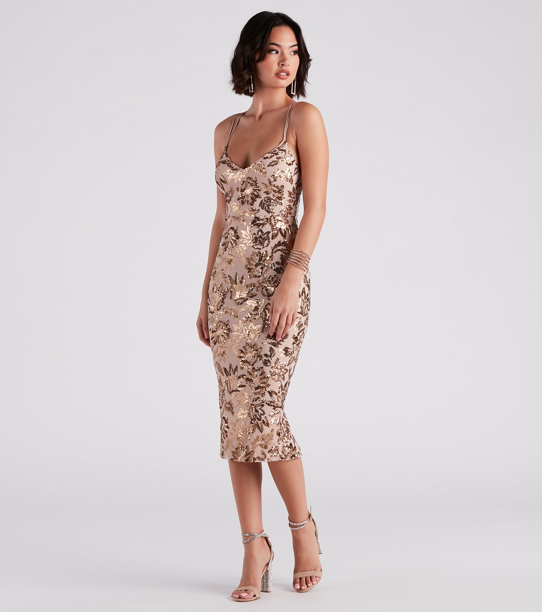 Adora Formal Sequin Midi Dress creates the perfect autumn wedding guest dress or cocktail party dresss with stylish details in the latest trends for 2024!