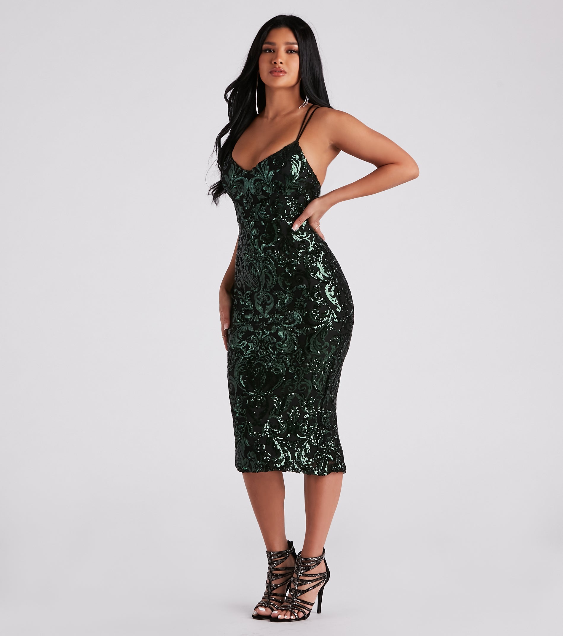 Adora Formal Sequin Midi Dress creates the perfect autumn wedding guest dress or cocktail party dresss with stylish details in the latest trends for 2024!