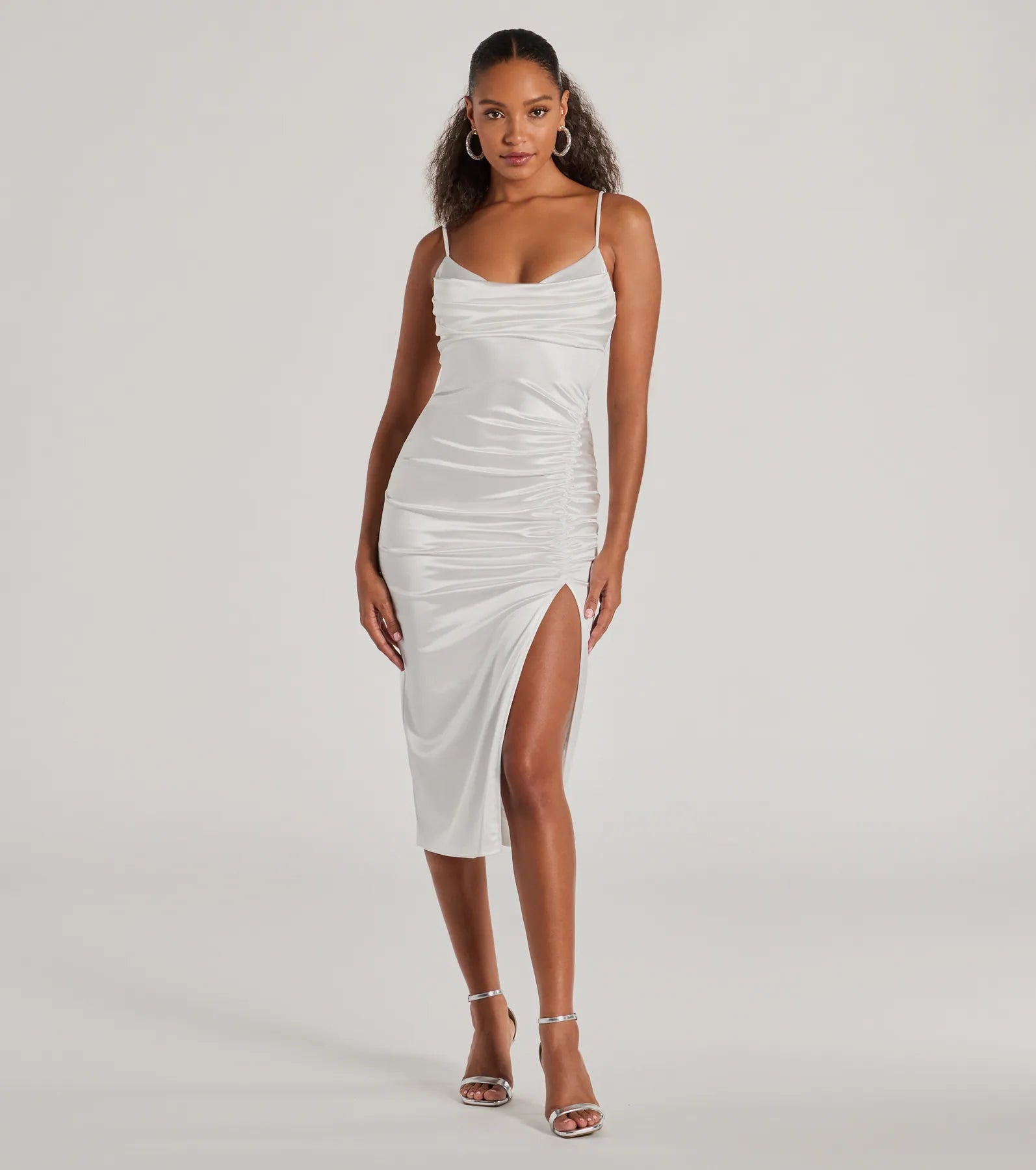 The midi dress length on the Kristen Formal Satin Cowl Neck Midi Dress provides an elevated silhouette perfect for any party, occasion, or everyday styling.