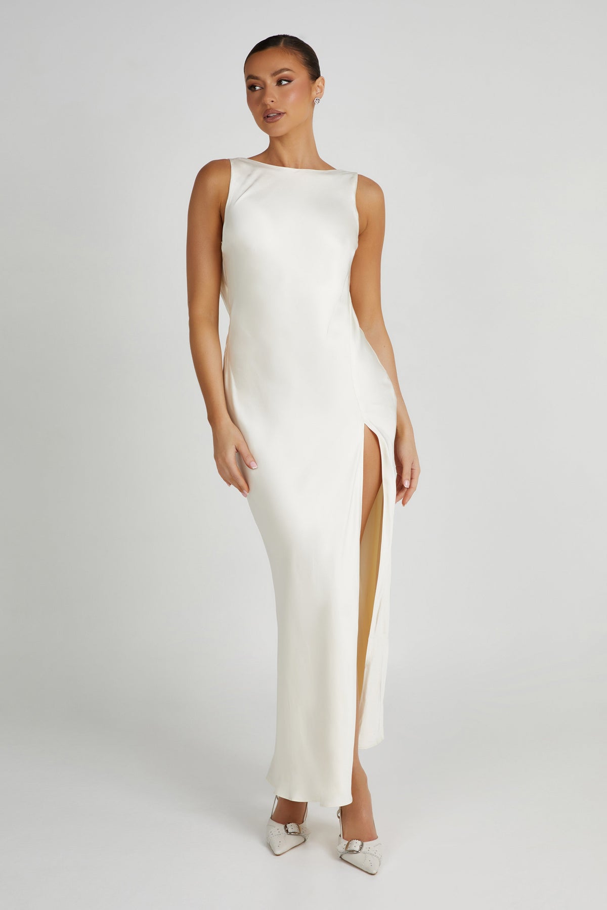 Gemima Satin Maxi Dress With Split - Ivory