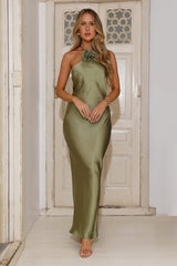 Admired By All Satin Halter Maxi Dress Olive