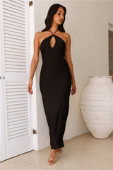 Admired From All Angles Satin Halter Maxi Dress Black