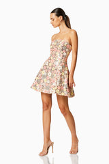 model wearing FORSYTHIA STRAPLESS MINI DRESS IN MULTI front shot