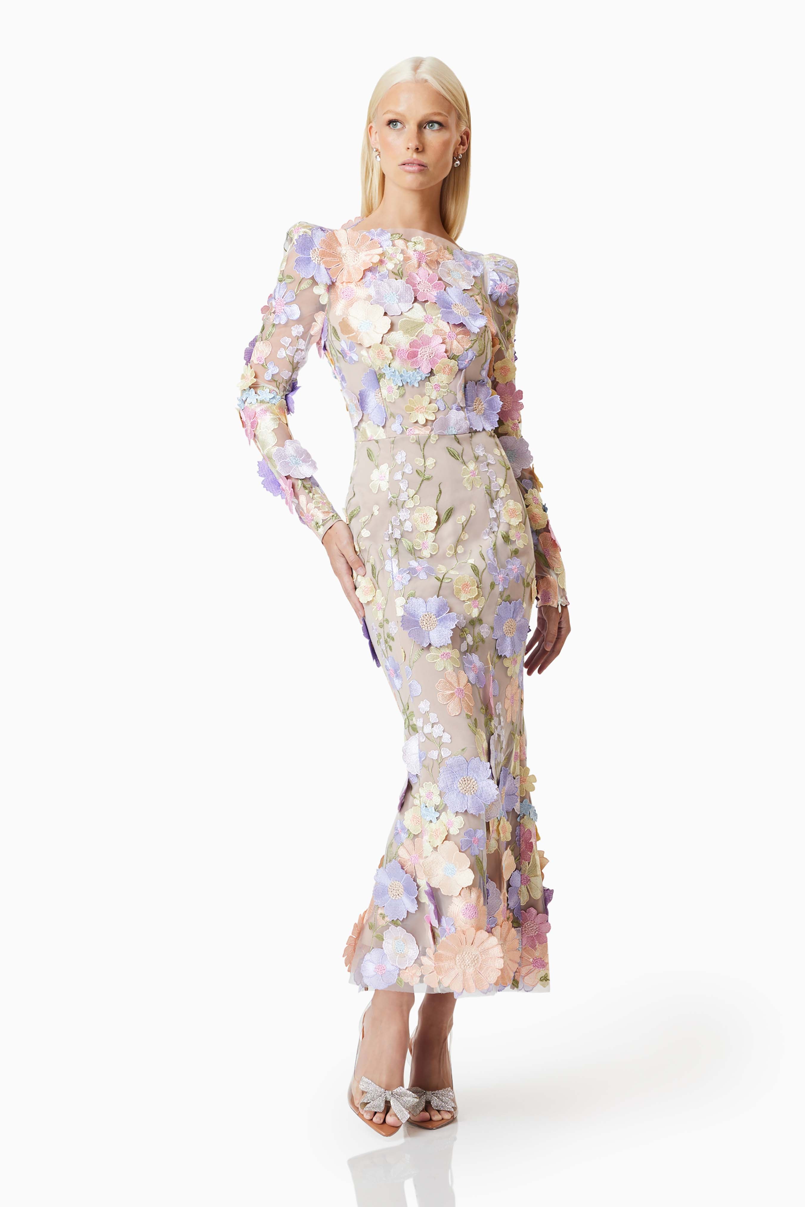 blonde model wearing Shannon 3D Floral Midi Dress In Pastel front shot