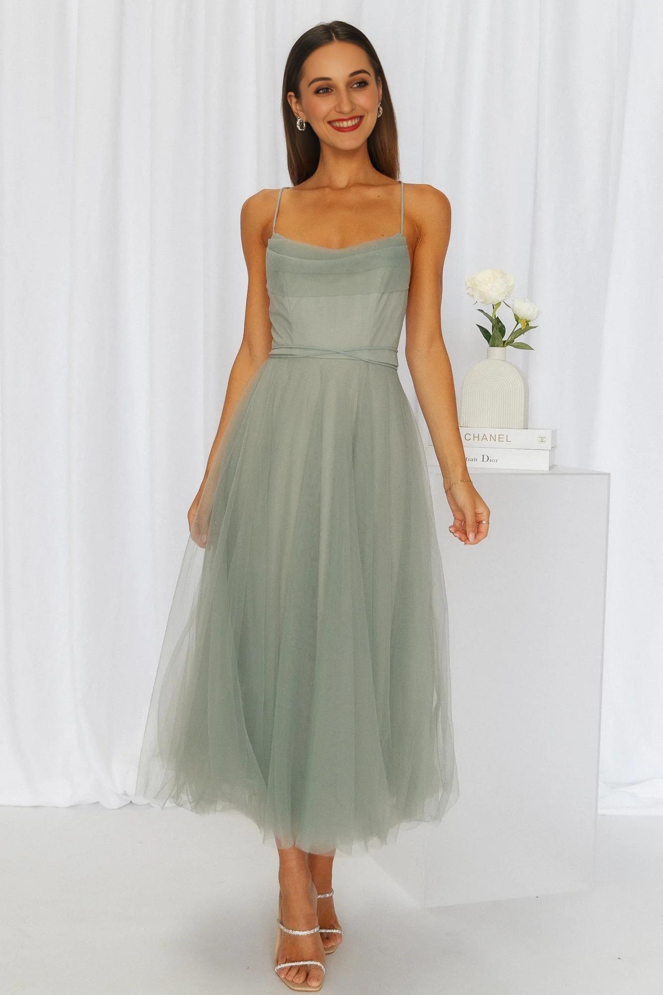 Signal My Way Tulle Midi Dress Sage